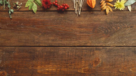 fall autumn leaves on rustic wooden backgroundの写真素材
