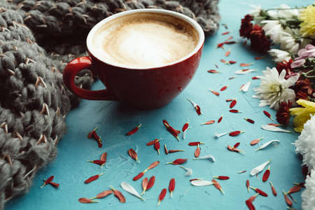 warm and comfy concept. Hot cocoa coffee cappuccino on a cold autumn day. Knit wool conceptの写真素材