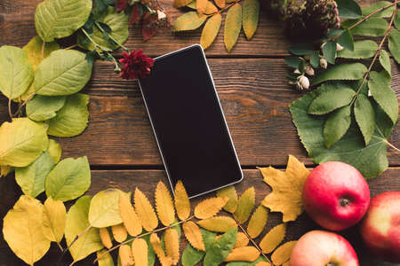 e-commerce autumn leaves wood background concept. Smartphone technology.の写真素材