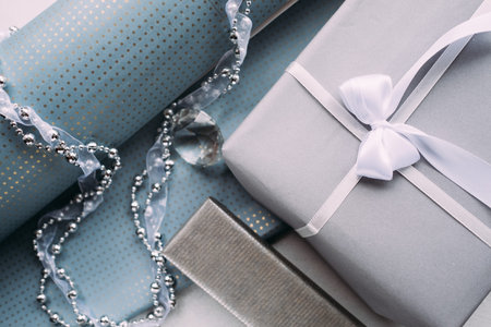 Assortment of decorated New Year gifts. Holiday preparation conceptの写真素材