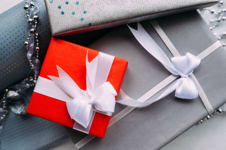 Assortment of decorated New Year gifts. Holiday preparation conceptの写真素材