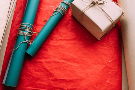 holiday professional gift wrapping. worthy surprise for birthday, fathers day, valentines day, new year, christmas, thanksgiving and other occasions. quality workの写真素材