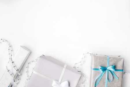 Gift boxes with jewelry presents inside. Tasteful wrapping conceptの写真素材