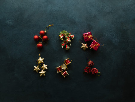 Christmas toys on blue background. Copy space conceptの写真素材