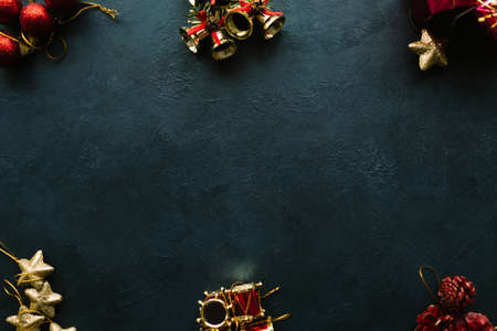 winter holidays objects on dark background. christmas festive toys assortmentの写真素材