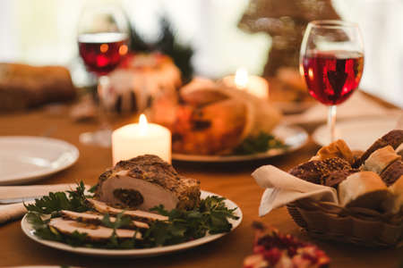 festal dinner in the restaurant for couple. delicious food and kitchen traditions.の写真素材