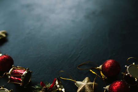 Christmas toys on blue background. Free space conceptの写真素材