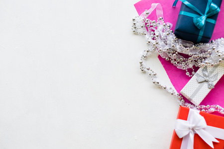 Girly gifts on white background. Beautiful bling shiny presents conceptの写真素材