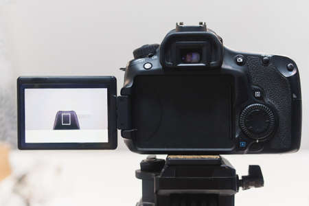 video creation process backstage concept. before recording a video blog. angle selection. preparation of the location. modern equipment conceptの写真素材
