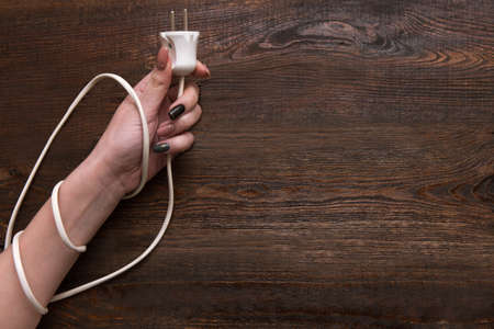 Woman hands holding electrical plug on wooden background. Connection and female empowerment conceptの写真素材