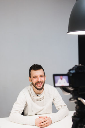 Education video blog filming backstage concept. creating video tutorials. social network activity.