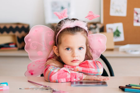 upset cute girl wait for art lesson. creative space. education for talented little ones.の写真素材