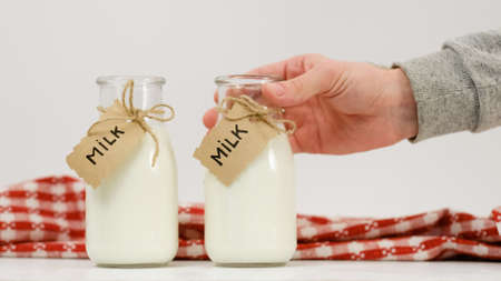 fresh milk and healthy dairy products at farmers markets selectionの写真素材