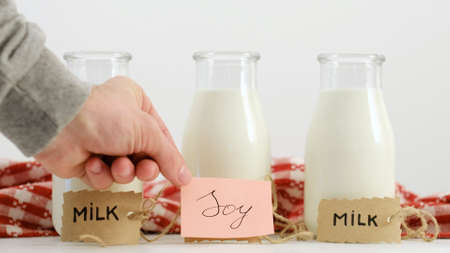 Various milk types. Soy and cow milk. Healthy drinking and vegan lifestyle alternativeの写真素材