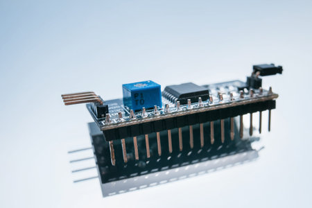 electronic part creating robotics white background concept. radio-controlled toy chip. motherboard...