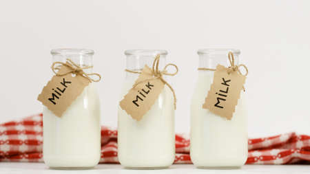 fresh milk and healthy dairy products at farmers markets selectionの写真素材