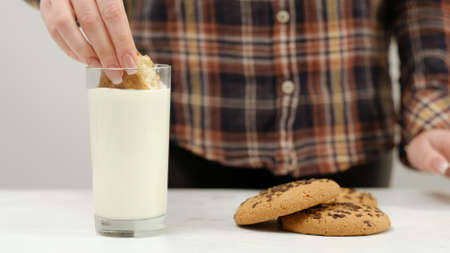 Woman dipping chocolate chip cookie in warm milk. Delicious and healthsome snackの写真素材