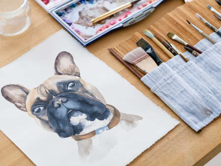art therapy. painting classes or courses. creativity inspiration expression concept. watercolor picture of a dogの写真素材