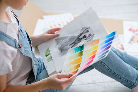 art painting. inspiration and creativity concept. picture of a dog. drawing of a weimaraner. artist creations. color swatch paperの写真素材