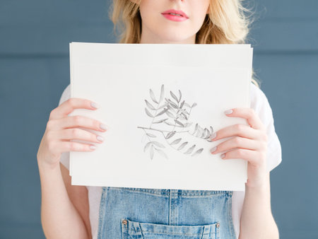 art painting. inspiration and creativity concept. picture of a twig. drawing of a green branch. artist creations.の写真素材