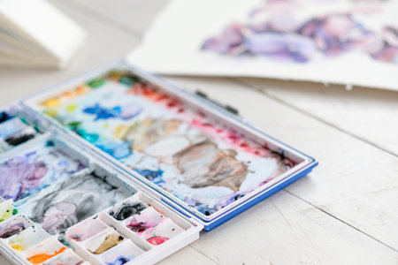 art painting inspiration creativity concept. mixed ink colors. watercolor palette. artist imaginationの写真素材