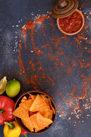 tortilla nacho chips in a bowl. salsa sauce in a dipping dish. food spices mix background. salty spicy crunchy slices. powdered pepper and salt condimentsの写真素材