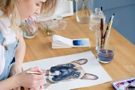 art painting hobby. creative leisure. girl drawing a picture. talent inspiration creation and self expression conceptの写真素材