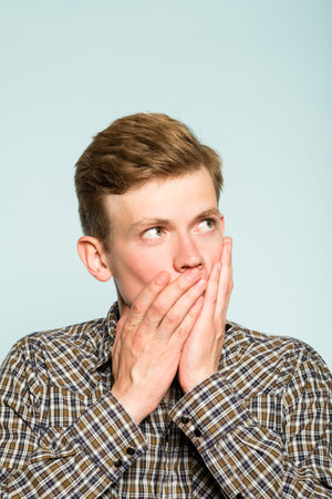omg. man looking up and sideways at smth amazing astonishing stunning or impressive. portrait of a...