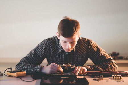 Technology microelectronics science education. engineer student inspecting computer motherboard and...