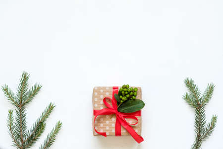 christmas and new year background. present wrapped in dotted craft paper and tied with red ribbon on white backdrop. handcrafted gift fir tree branches and mistletoe decor.の写真素材