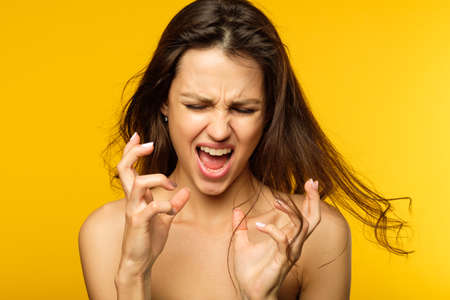 stress and emotional breakdown. feelings expression. young beautiful woman screaming during meltdown. brown haired girl portrait on yellow background.の写真素材