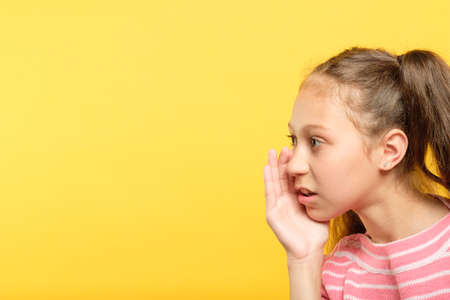 girl telling a secret or spreading rumor and gossipping. sharing information concept.の写真素材