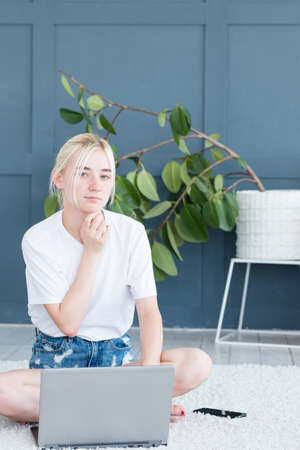 blogger working on laptop. social media influencer. e-business advertising concept.の写真素材