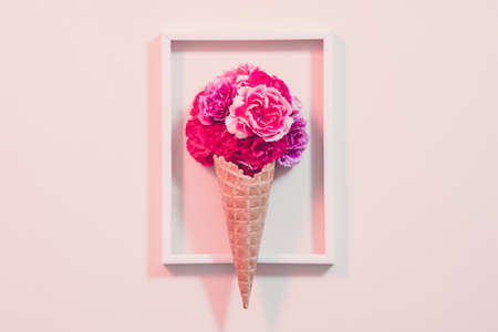 Conceptual gift composition. Pink carnation in ice cream cone arranged in frame. Pink background.の写真素材