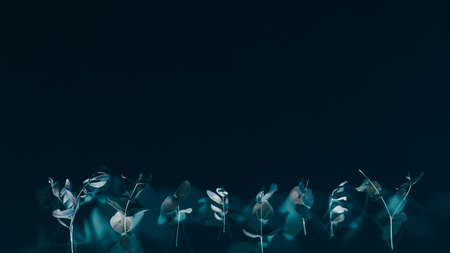 Minimal foliage pattern layout. Conceptual art composition. Green stems on black background.