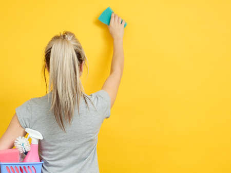 Home cleaning. Safe and efficient supplies. Woman with basket set raised hand wiping. Copy space on...