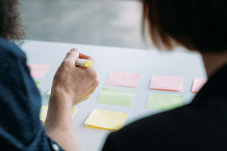 Corporate colleagues meeting. Coworking brainstorming with post it notes. Man and woman developing...