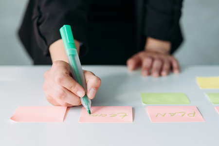Teamlead at workplace. Brainstorming with post it notes. Woman executive developing business...