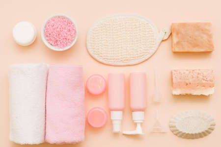 Spa treatment leisure. Health and beauty. Body pampering cosmetic set flat lay.