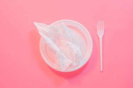 Plastic addiction. Modern lifestyle ecology problem. Arrangement of served paper tissue in disposable plate and fork. Copy space.の写真素材