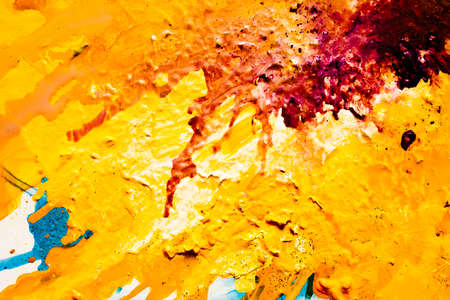 Abstract red yellow paint background. Color fluid mix flowing. Acrylic liquid blend art effect. Stains layers modern technique.の写真素材