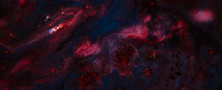 Abstract red blue mix paint background. Acrylic texture space universe like pattern. Glittering...