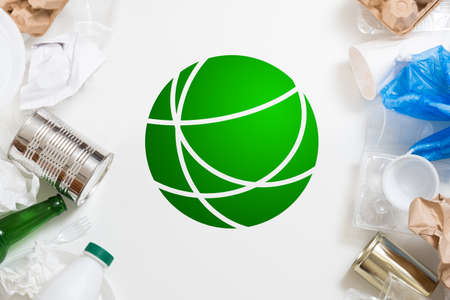 Global ecology concept. Waste management. Sorting and recycling. Environmental protection. Flat lay...
