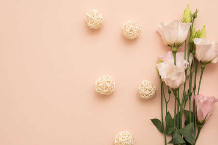 Floral composition. Flat lay with delicate flowers and rattan balls arranged on peach background. Copy space.の写真素材