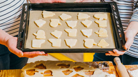 Homemade cookies recipe. Cropped shot of women holding sheet pan with gingerbread biscuits.