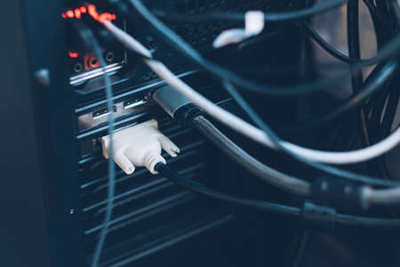 PC system unit. Computer hardware. Closeup of host controller interface, wire connection.
