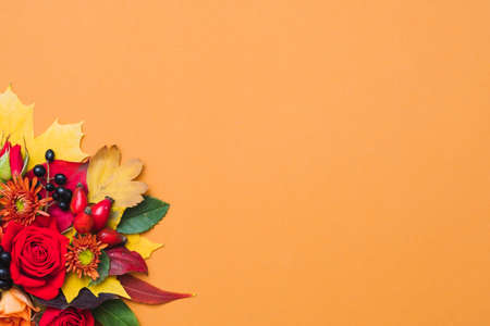 Autumn floral arrangement. Fall berries, colorful leaves and red roses on orange background. Copy space.の写真素材