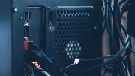 PC system unit. Computer hardware. Closeup of host controller interface, wire connection.の写真素材
