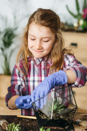 DIY florarium. Hobby and leisure. Girl enjoying planting succulent in glass geometric shape vase.の写真素材