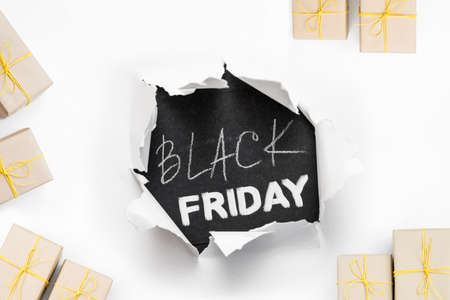 Black friday shopping. Sale discount. Gift boxes. White background.